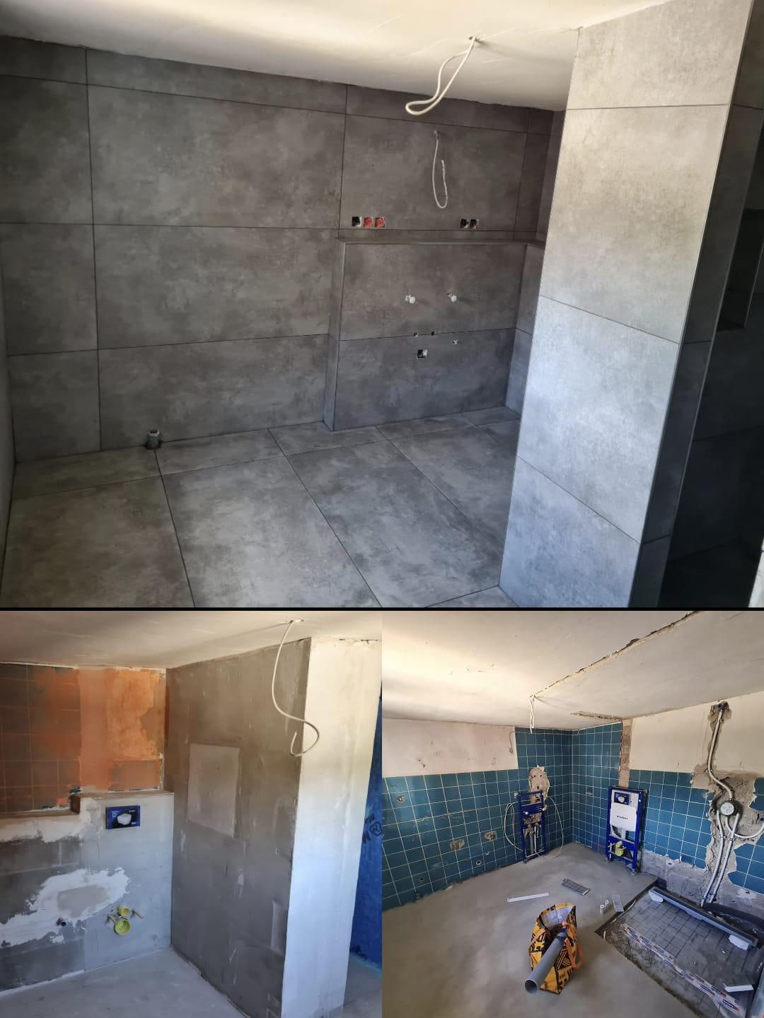 Badezimmer während der Fliesen- und Ausbauarbeiten.