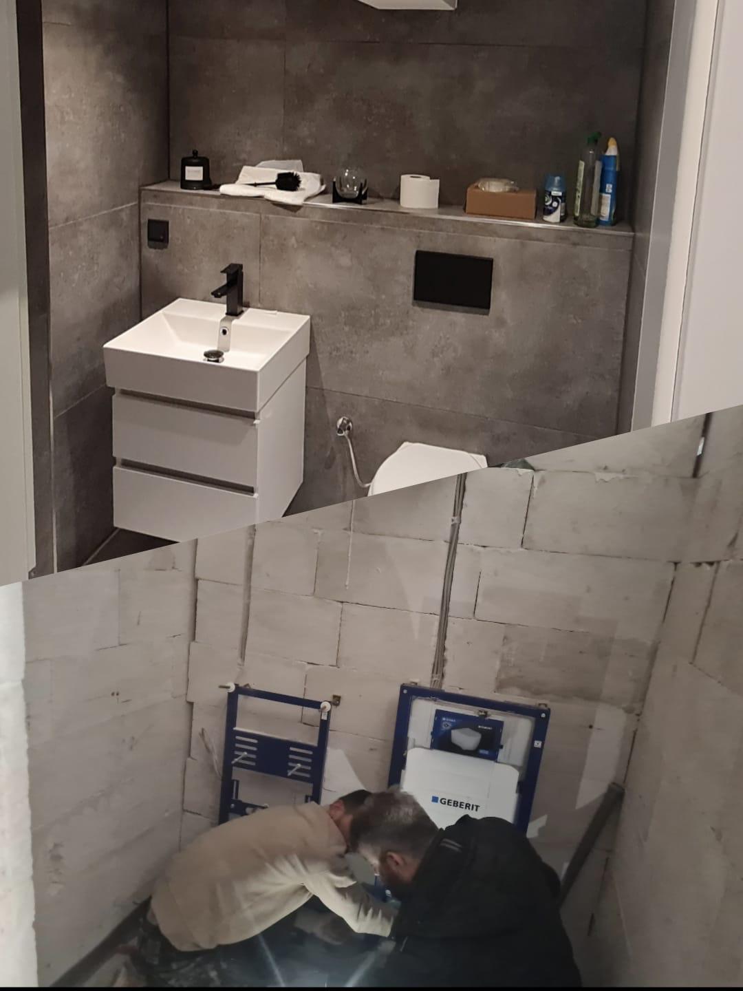 Sanitärinstallation und moderner Ausbau des Badezimmers.